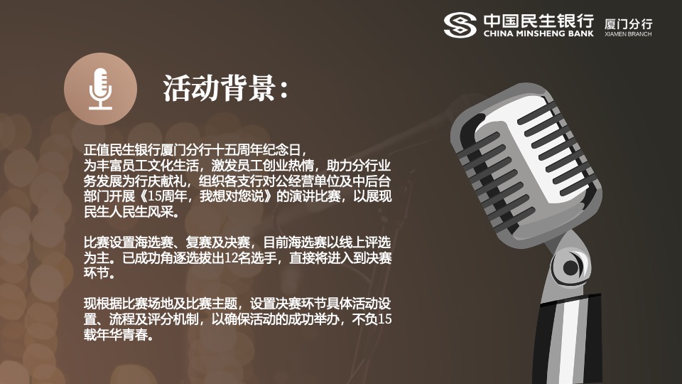 银行周年庆主题演讲比赛（15周年·我想对您说主题）活动策划方案