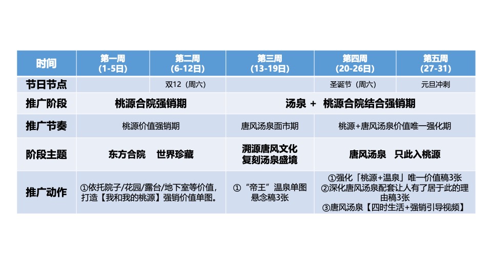 融创春风桃源温泉项目12月推广铺排表